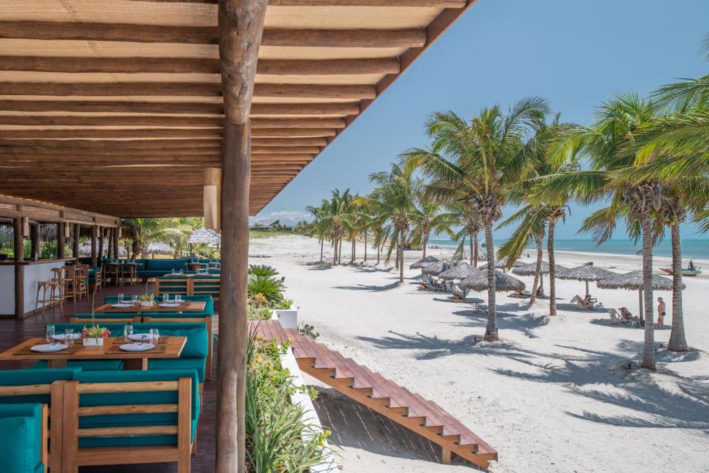 福廷Vila Selvagem Hotel Contemporaneo的棕榈树海滩上的餐厅