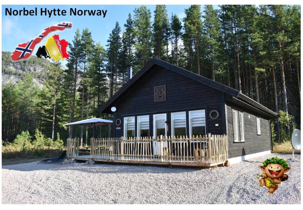 弗罗达尔Norbel Hytte Norway的前面有旗帜的小黑房子