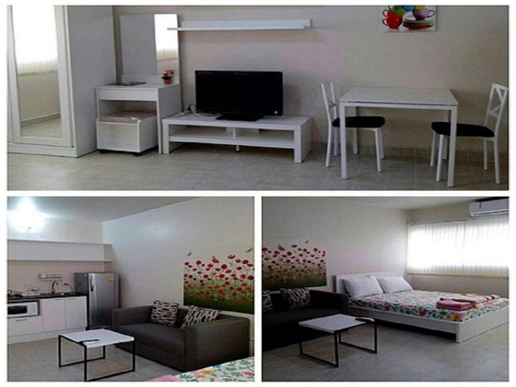 Thung Si KanDmk Don Mueang airport Guest House meetgreet service的一张沙发和一张桌子的客厅的两张照片