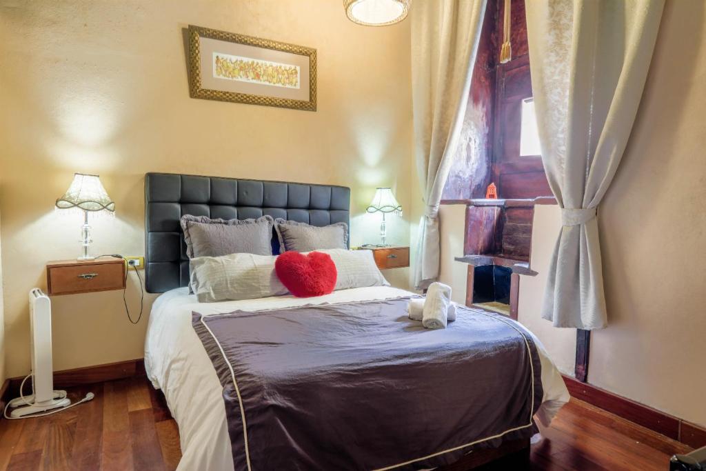 加拉奇科Casa Tradicional Canaria的一间卧室配有一张大床,上面有红色枕头