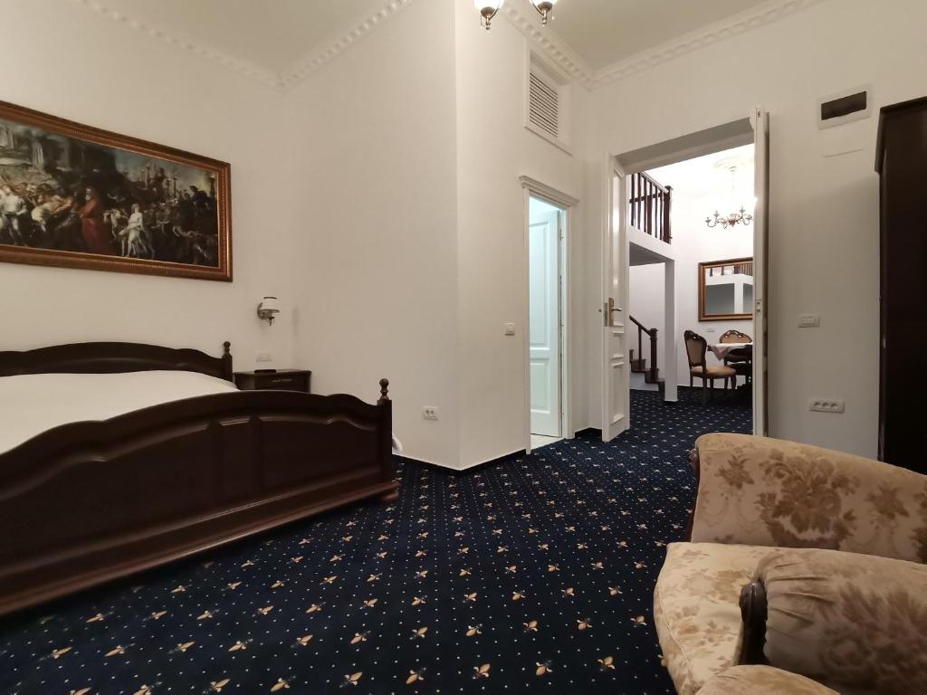 布拉索夫Weiss Little Palace的配有一张床和一把椅子的酒店客房