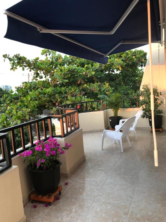 卡塔赫纳HOSPEDAJE CARIBE EXPRESS的一个带蓝色遮阳伞和两把椅子及鲜花的庭院