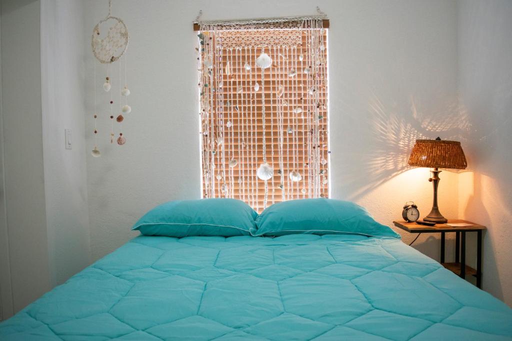 迈阿密Cozy room with Private Entrance - 3K的卧室配有一张带蓝色枕头的床,卧室设有窗户