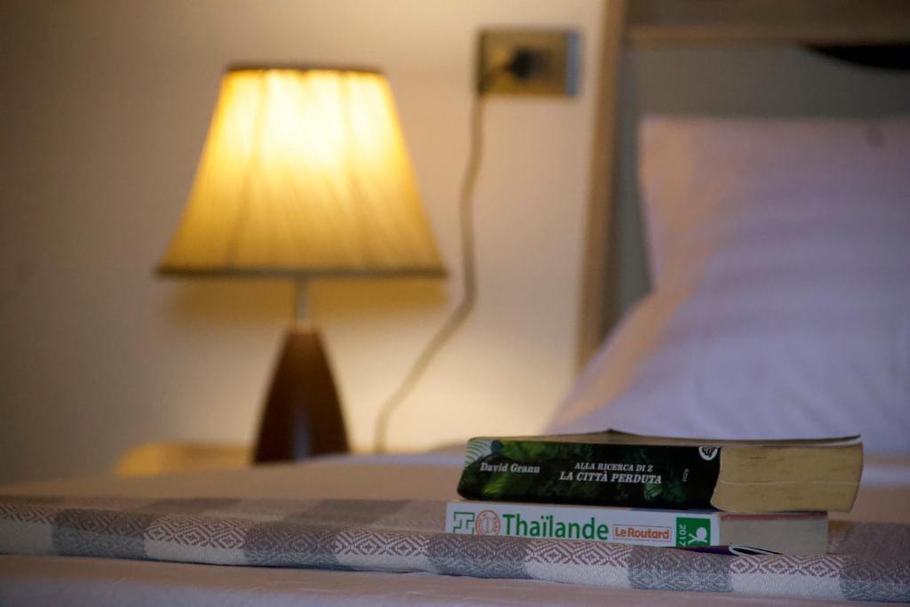 丽贝岛丽贝岛壁虎度假酒店的一堆书,坐在床上,有灯