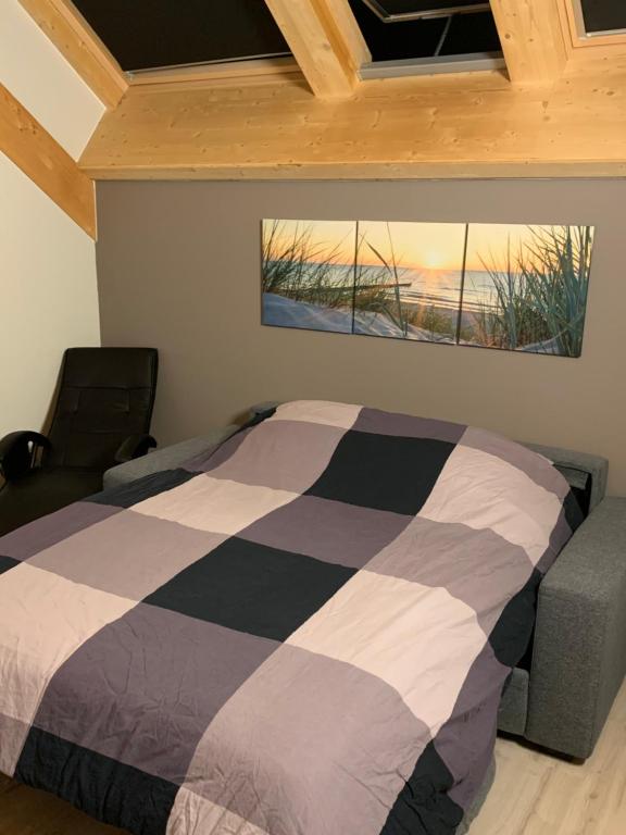 穆斯克龙Ecolodge Zen Otra Cosa的卧室配有一张床,墙上挂有绘画作品