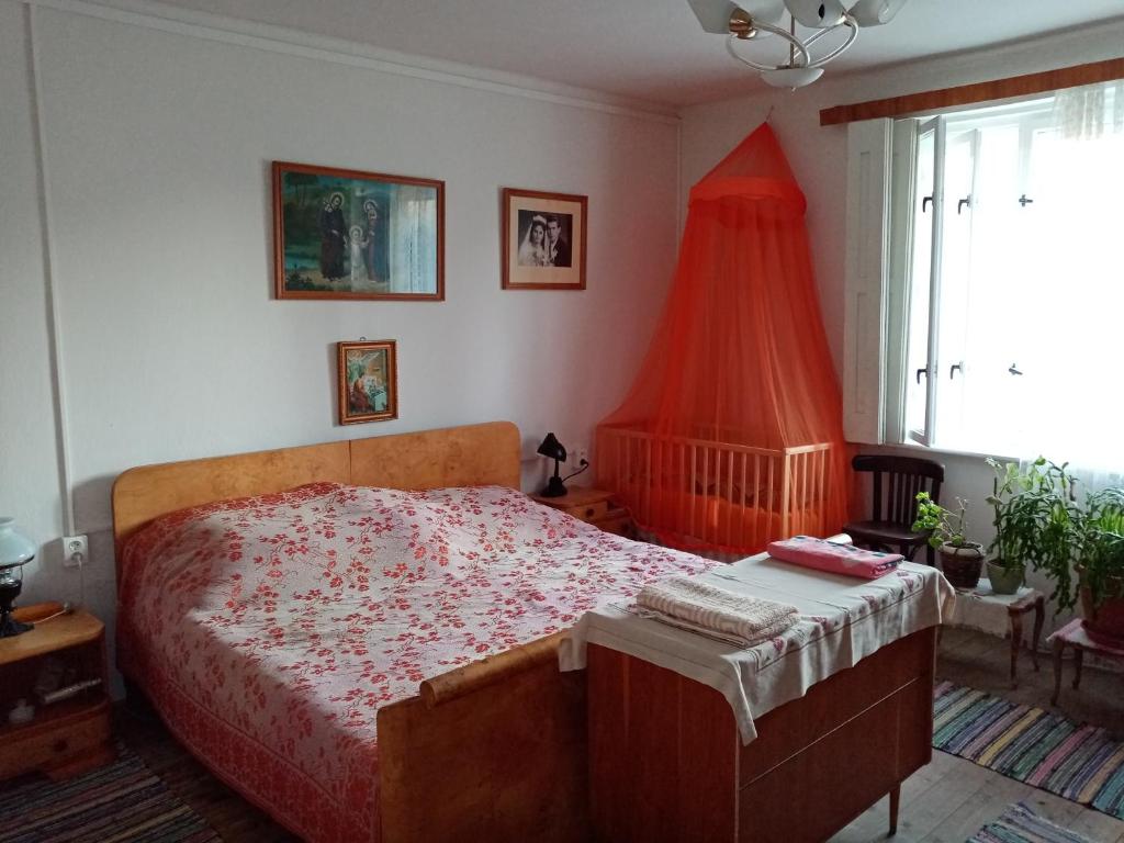 StrekovVinyl House的一间卧室配有一张红色棉被的床