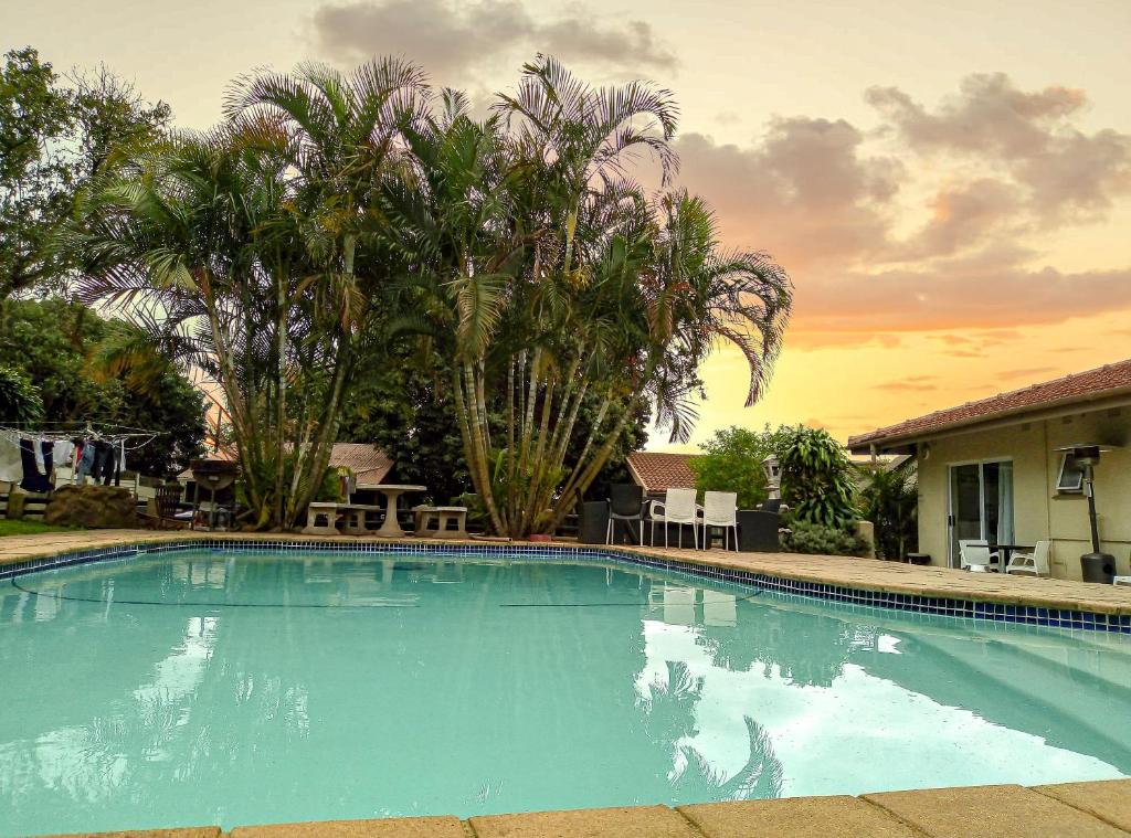 派恩敦Home Away From Home Pinetown的一座棕榈树大型游泳池和一座房子