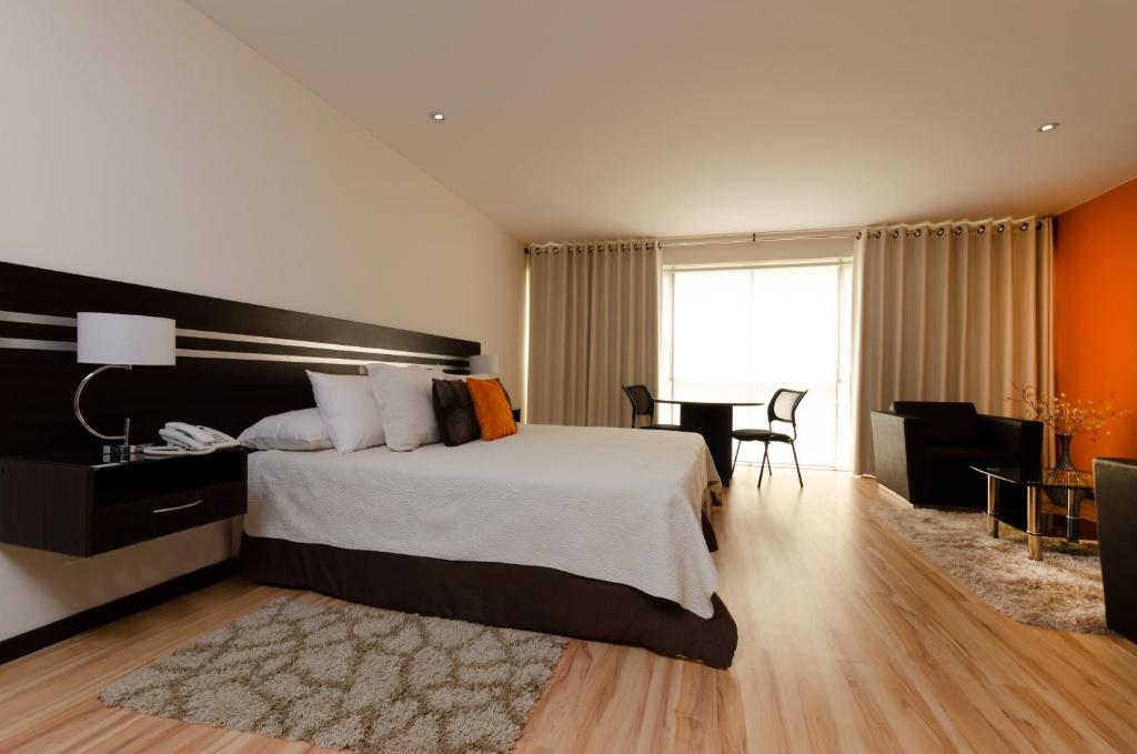 拉巴斯Hotel NC La Paz的一间酒店客房,一间设有一张床和一张书桌