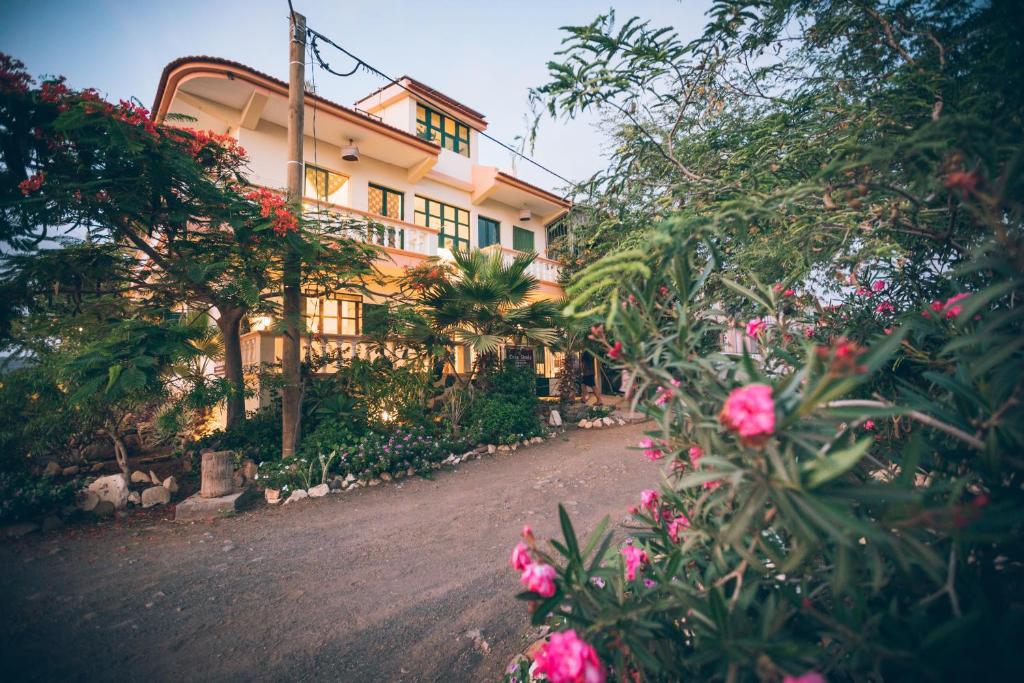 塔拉法尔Casa Strela B&B Tarrafal的前面有粉红色花的房子