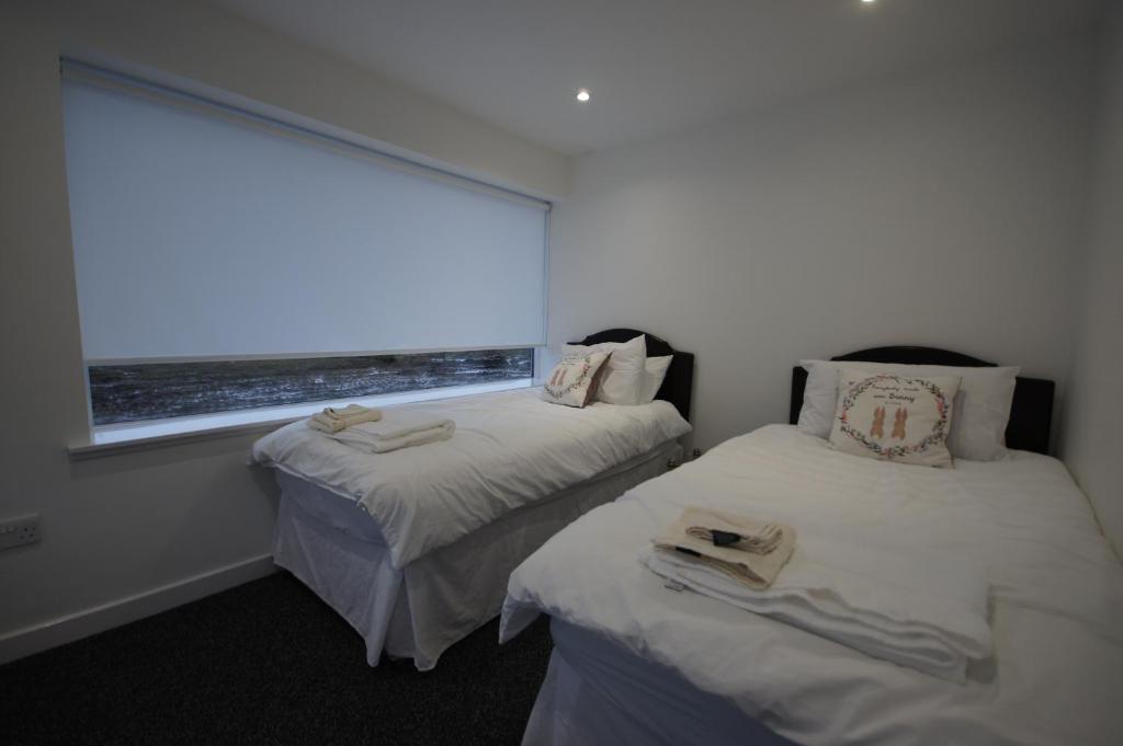 德里门Loch Lomond Riverside Apartment的带窗户的客房内的两张床