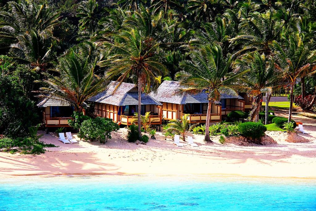 拉罗汤加棕榈树林酒店的棕榈树和蓝色海水海滩上的度假村