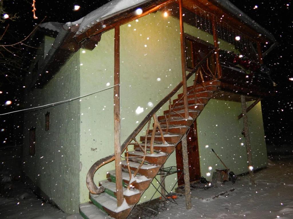 亚列姆切Відпочинок у Євгена та Оксани的雪地中的一座建筑上的木楼梯