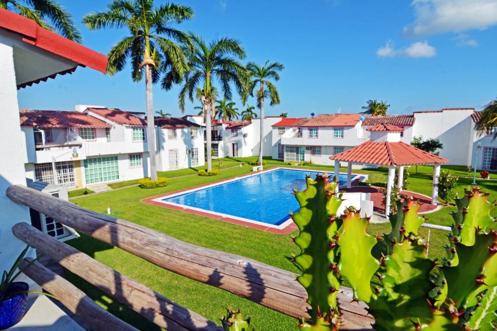 阿卡普尔科HominngBird Acapulco的享有带游泳池和棕榈树的庭院的景色