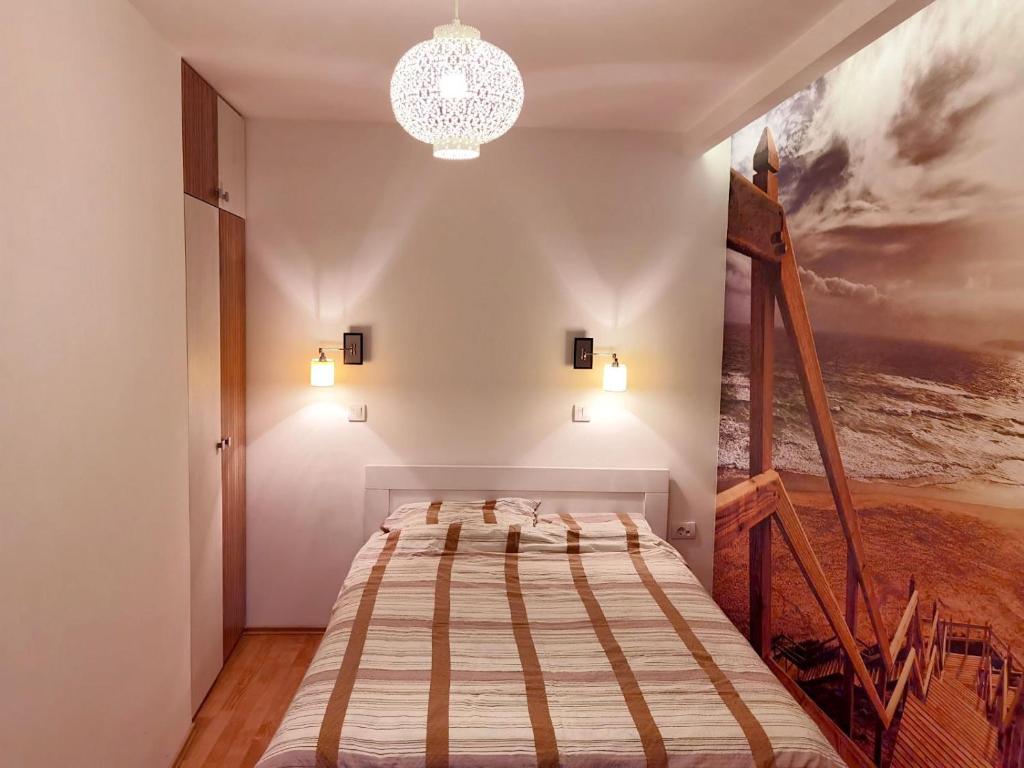 克鲁舍瓦茨Alo Alo Apartman 6的卧室配有一张床,墙上挂有绘画作品