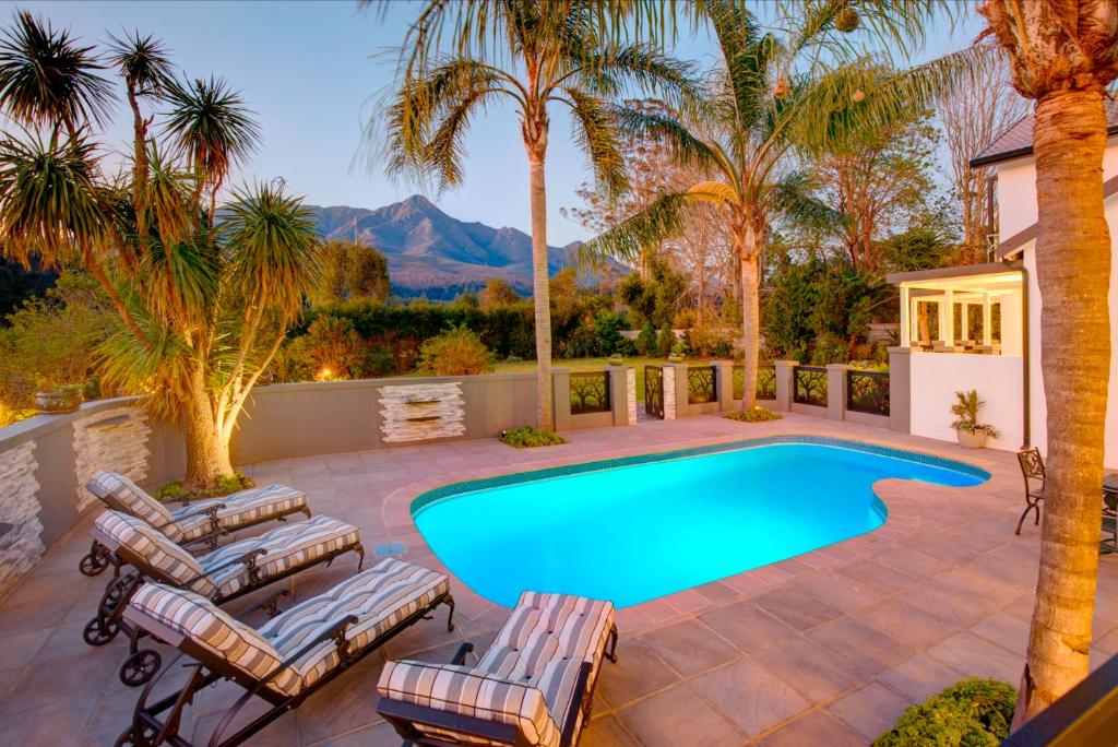 乔治Amour Guest House的一个带躺椅和棕榈树的游泳池