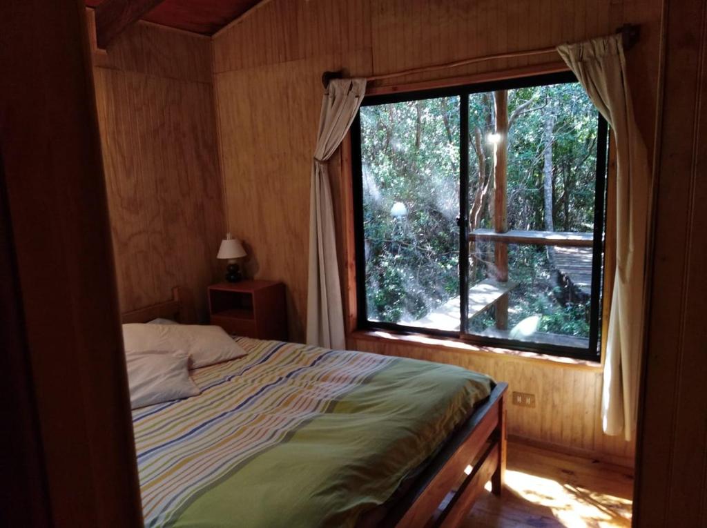 PueloCabaña en Río Puelo的一间卧室设有一张床和一个大窗户