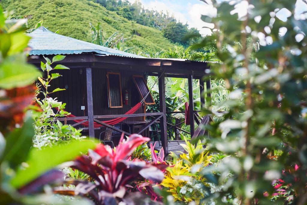 Marigot芙蓉谷酒店 的花卉园里的一个小房子