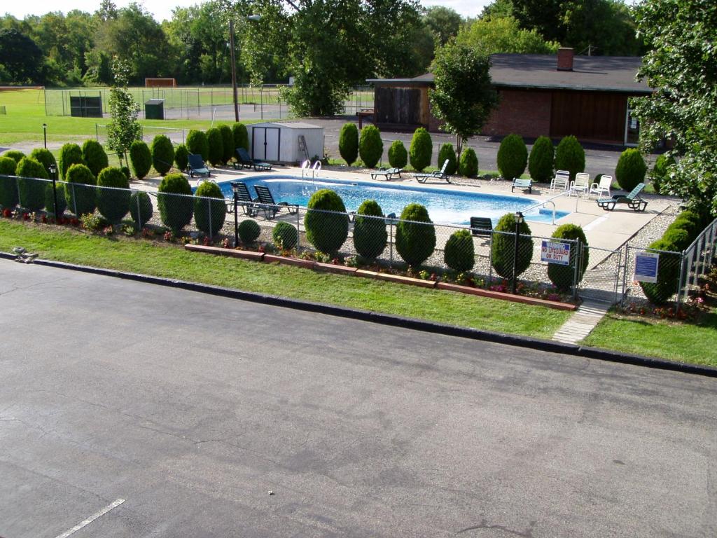 李城日落汽车旅馆的一座拥有一排灌木和树木的游泳池