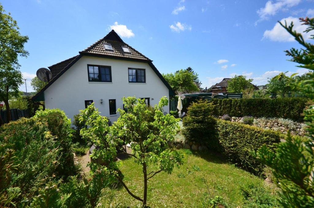 格罗斯齐克Ferienhaus-Kormoran-in-Gross-Zicker-Halbinsel-Moenchgut的院子里有树的白色房子