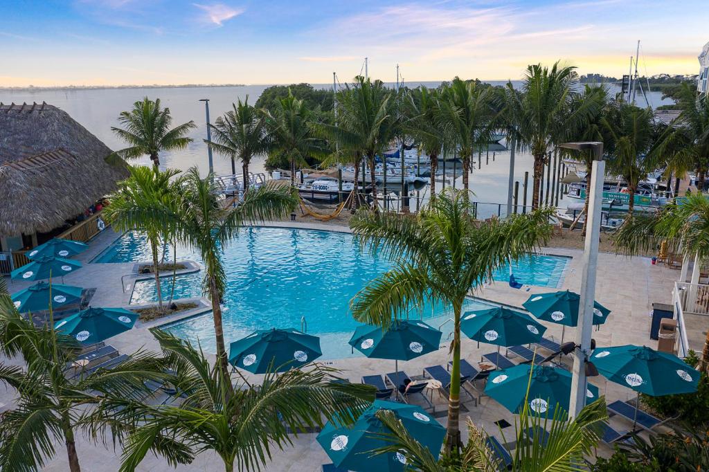 布雷登顿Compass Hotel by Margaritaville Anna Maria Sound的享有带蓝伞的游泳池的景色