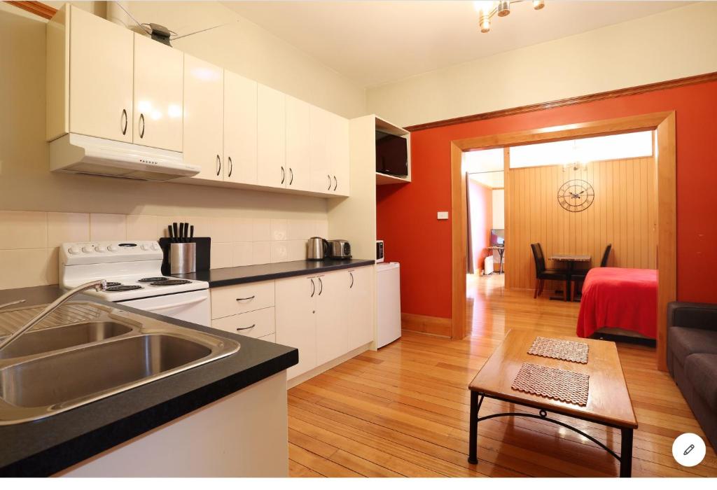 霍巴特NORD - North Hobart Apartments的一个带水槽的厨房和一间客厅
