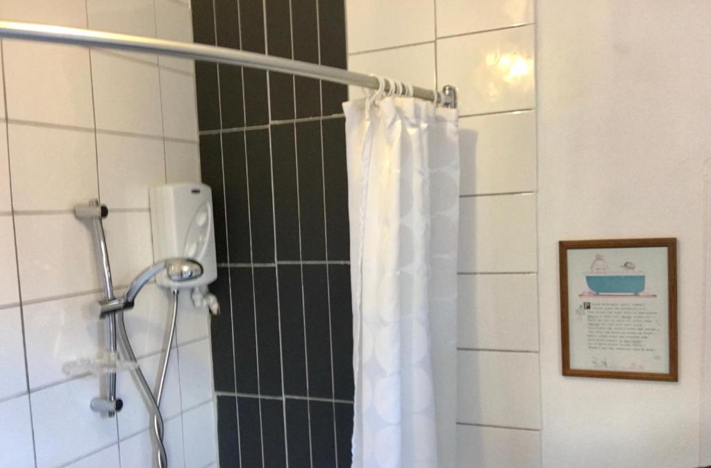 莱斯特Lavender Apartment的浴室内配有白色淋浴帘。