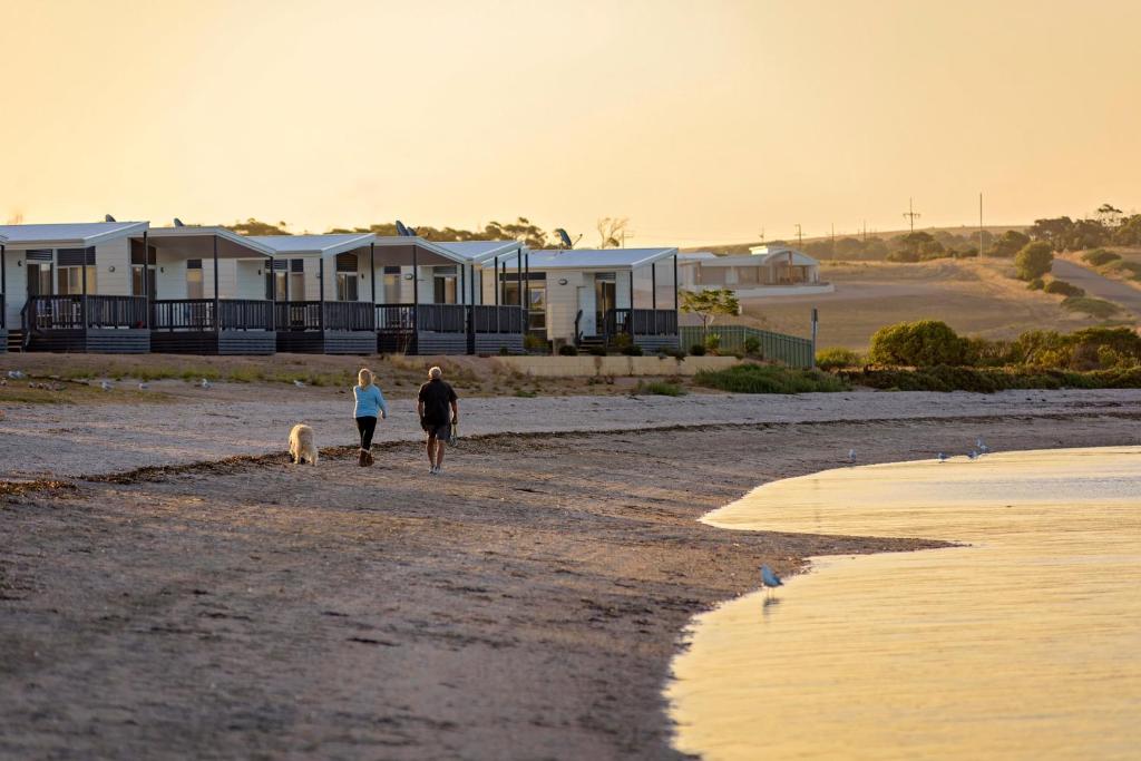 Streaky BayDiscovery Parks - Streaky Bay Foreshore的男人和女人在海滩上走狗