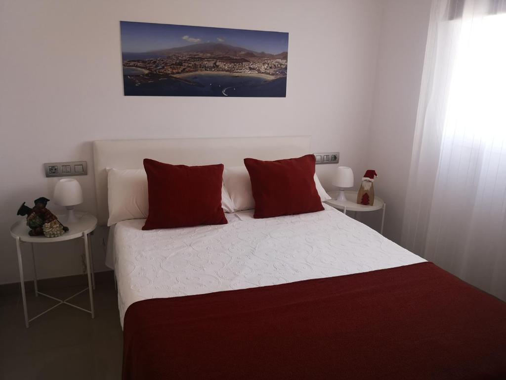 洛斯克里斯蒂亚诺斯Oliva Home的一间卧室配有一张带红色枕头的大床