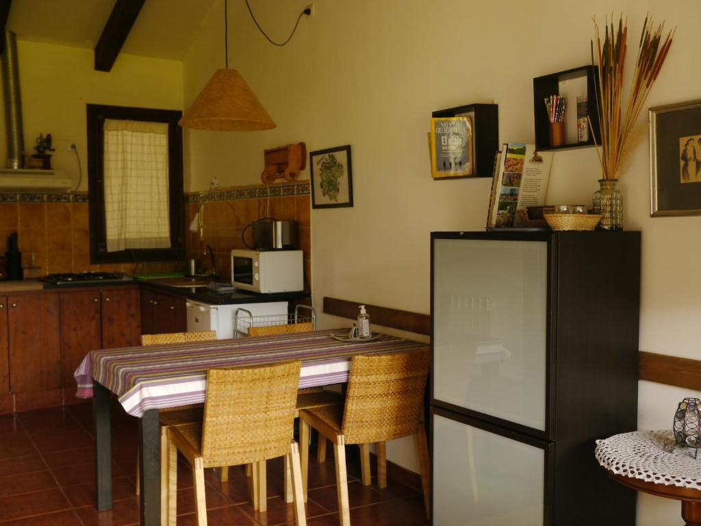 San Miguel de la PinedaMas Franch的厨房配有桌椅和冰箱。