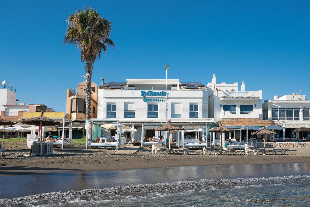 马拉加拉查克拉酒店的海滩上的白色建筑,棕榈树