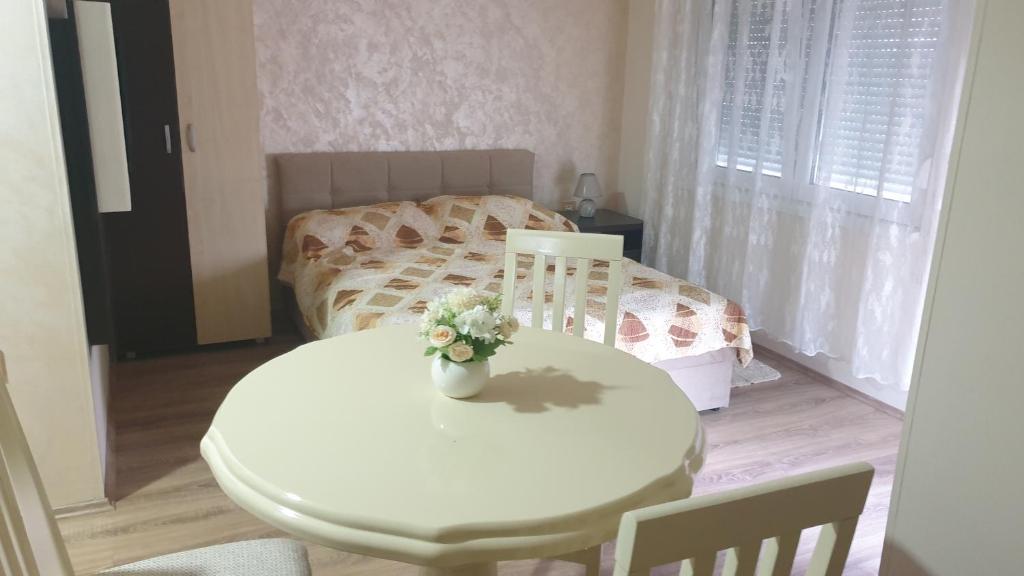 诺维萨德Apartments Kamenjar的一张白色的桌子,上面有花瓶