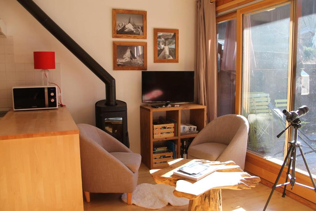 夏蒙尼-勃朗峰Comfortable Apartment With Terrace In Chamonix的客厅配有两把椅子和炉灶