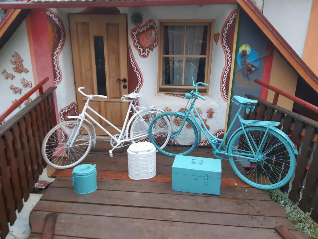 道尼库宾chata Ivka Leštiny的两辆自行车停在房子的门廊上