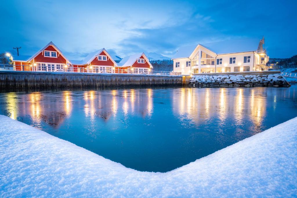 StonglandseidetSenja Fjordhotell and Apartments的积雪上一排房子