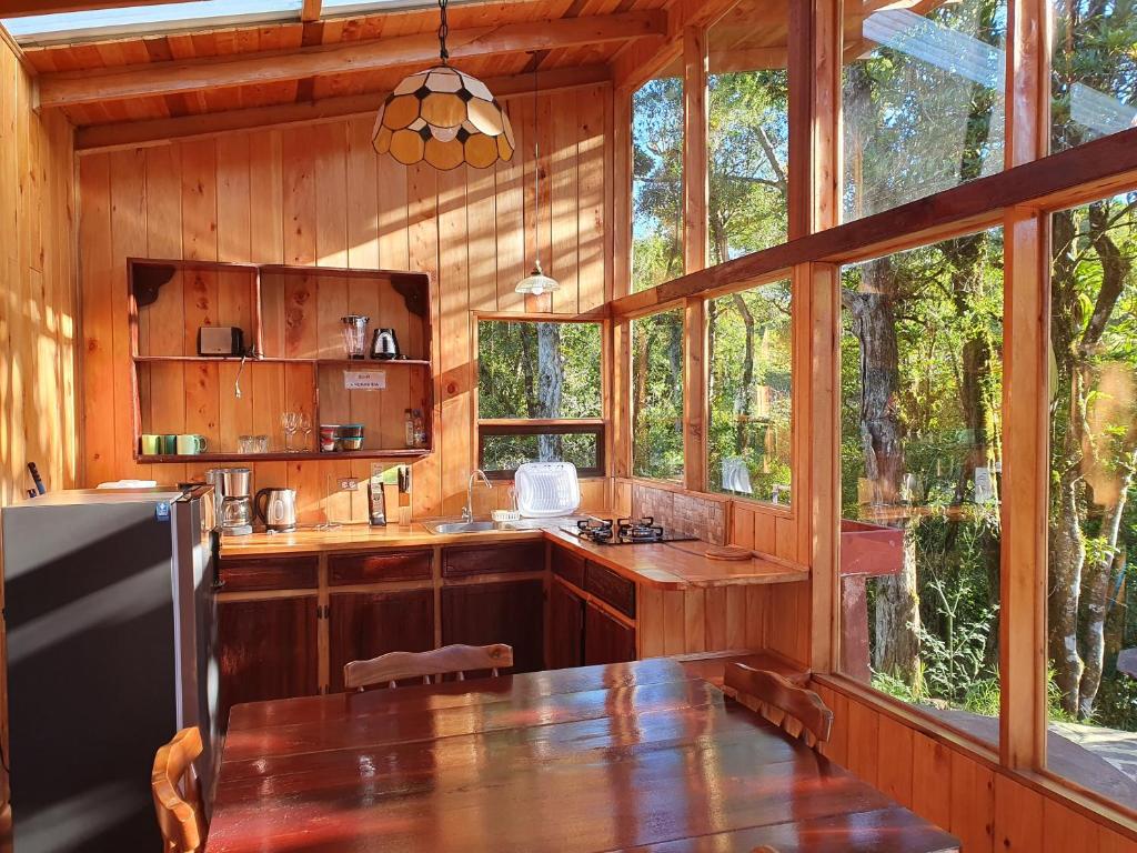 蒙泰韦尔德哥斯达黎加Finca Terra Viva的小屋内带窗户的厨房,配有桌子