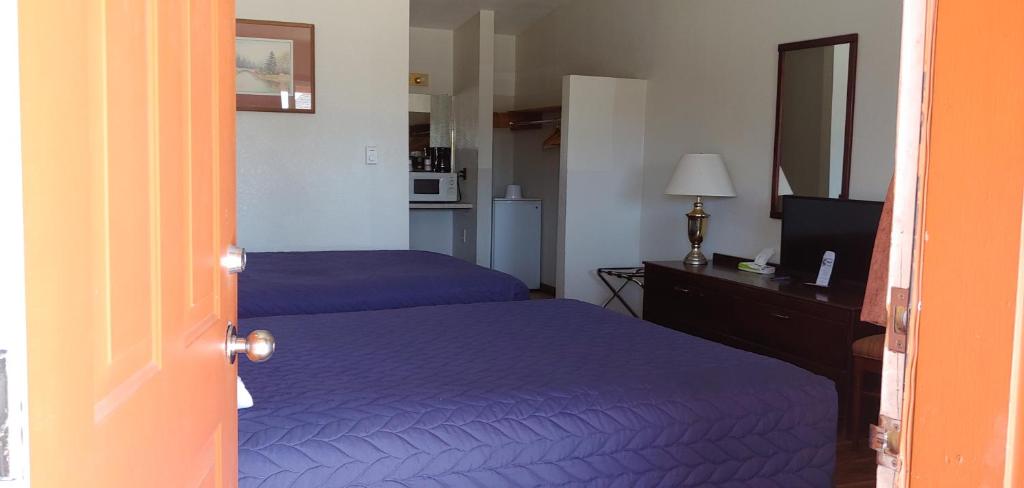 费尔普莱Western Inn Motel & RV Park的一间卧室配有两张床和一张书桌及电视