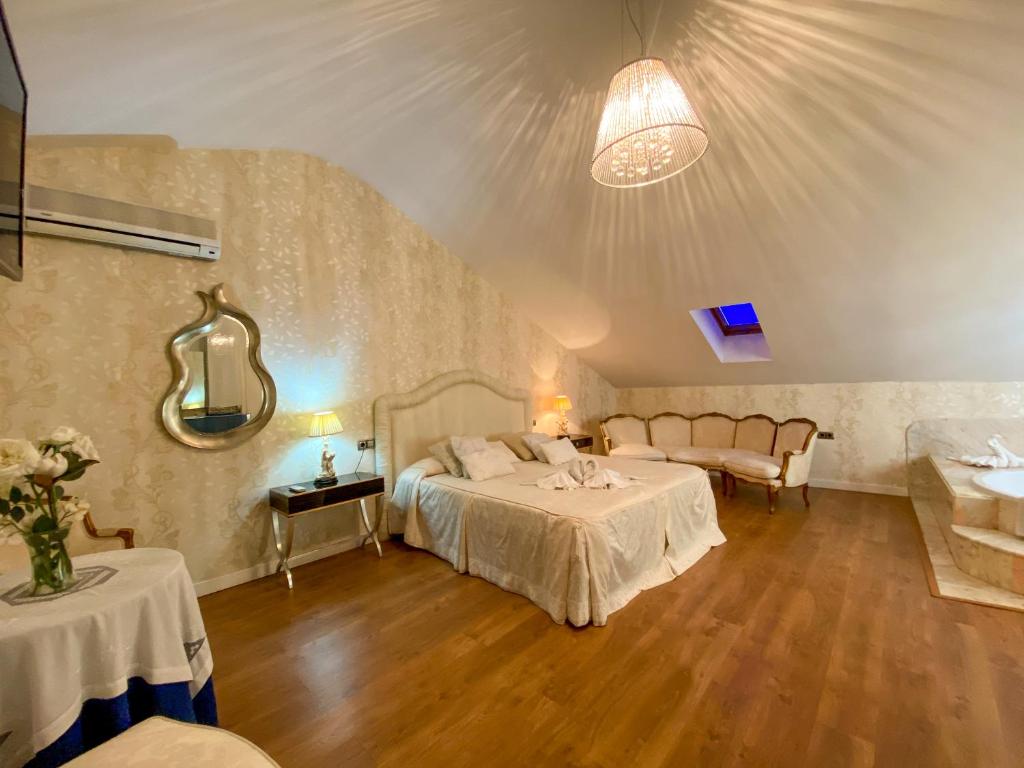 阿尔巴塞特普林西比酒店的一间卧室配有一张床、一张沙发和一张桌子