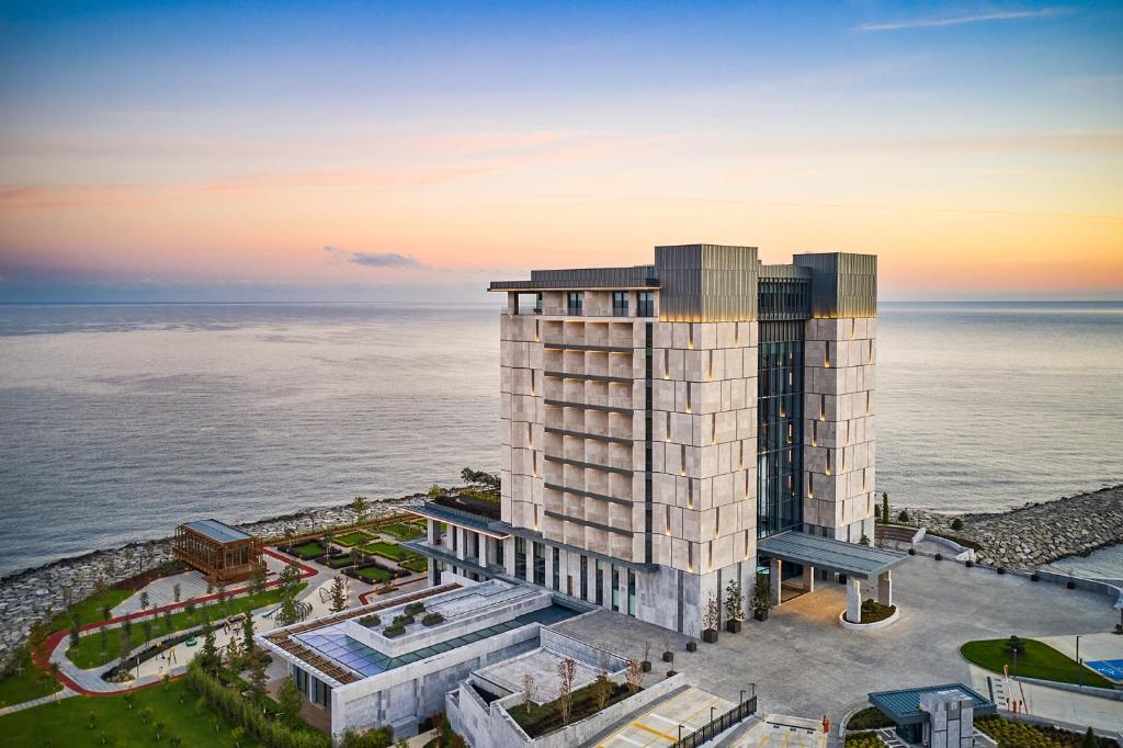 里泽Ricosta Hotel的海洋旁建筑物的空中景观