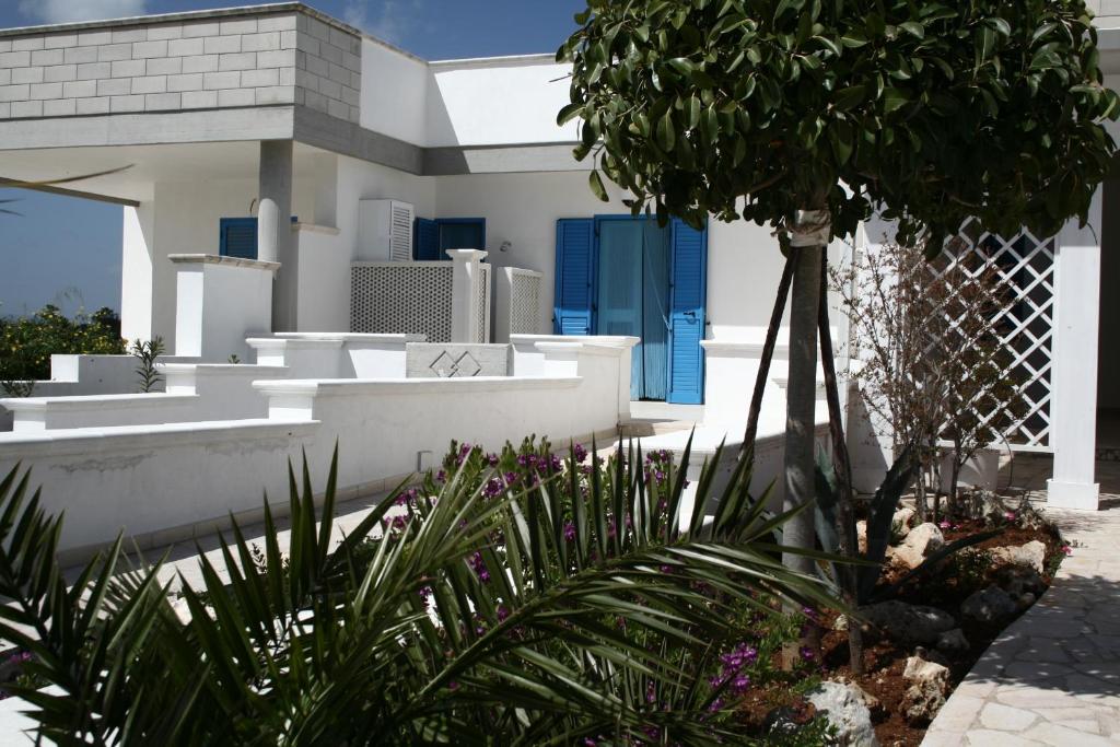 奥斯图尼Villa Giulia的白色的房子,有蓝色的门和棕榈树