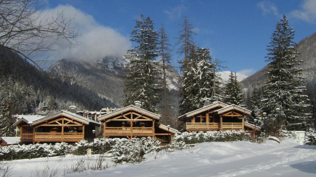 夏蒙尼-勃朗峰Chalets Grands Montets的雪地里几座木屋