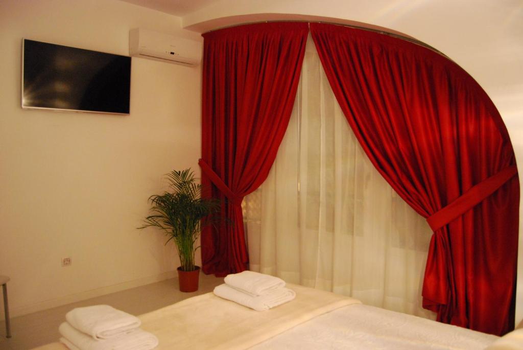 马德里Hostal PETITE MAMAN的一间卧室设有红色窗帘和窗户