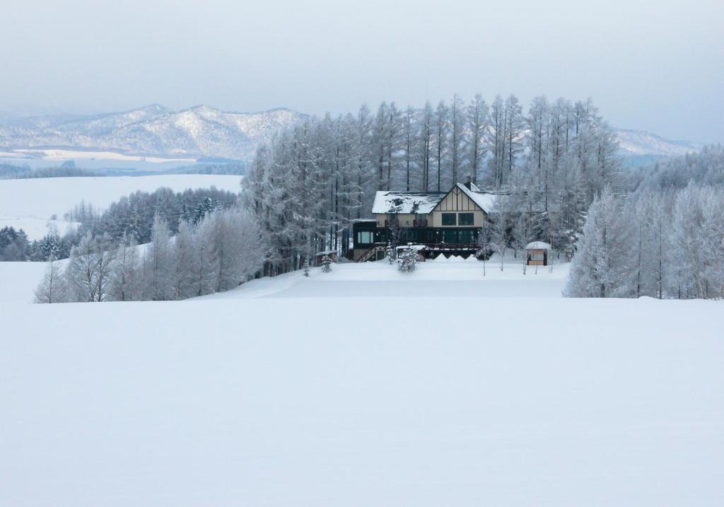 美瑛町緩慢‧北海道民宿的雪覆盖的山顶上的房子