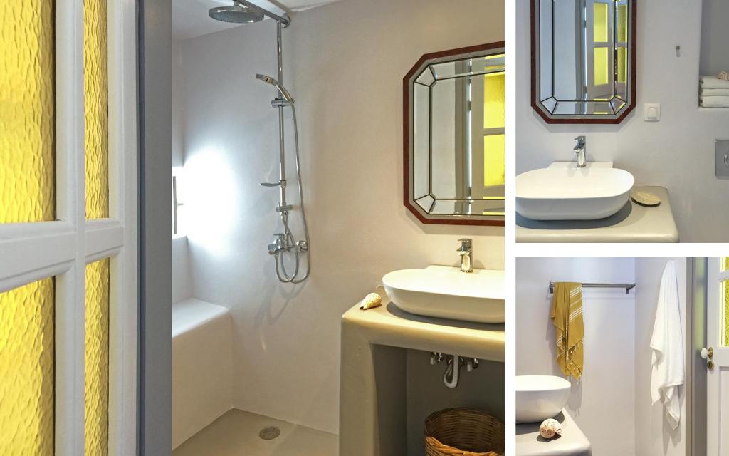 米克诺斯城Casal Paleologos Villa的浴室的两张照片,配有水槽和镜子