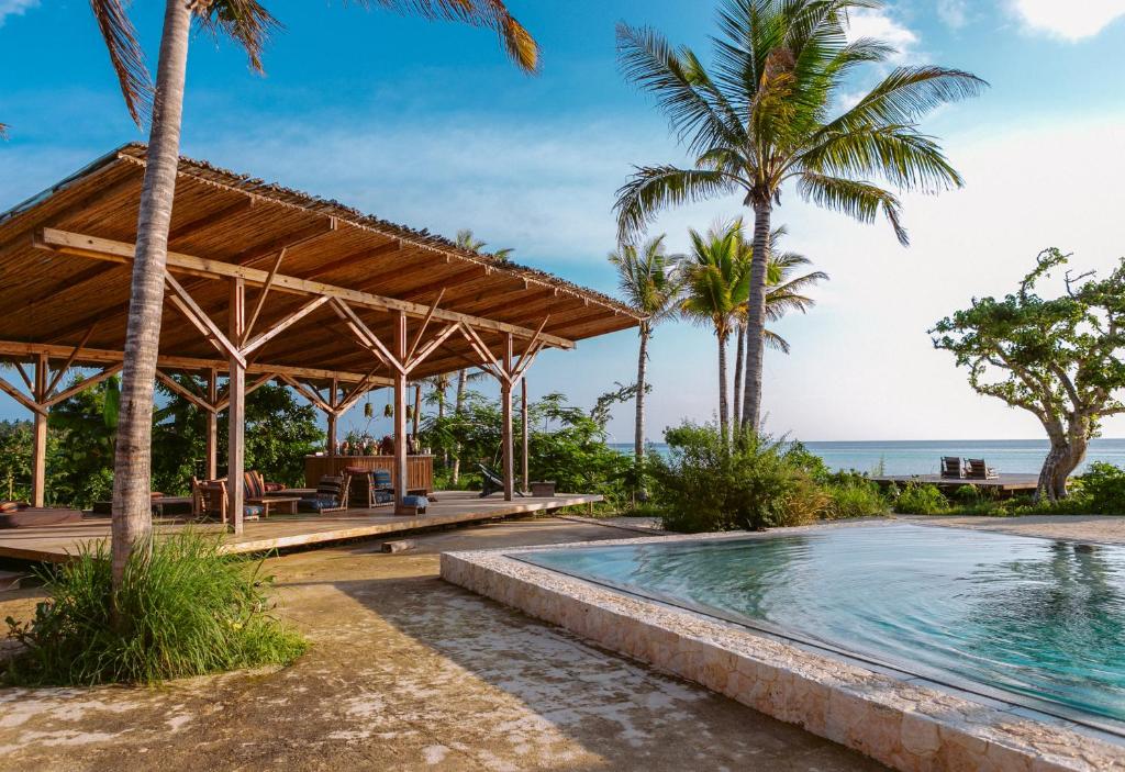 基济姆卡济Kizikula的一个带凉亭和棕榈树的度假游泳池