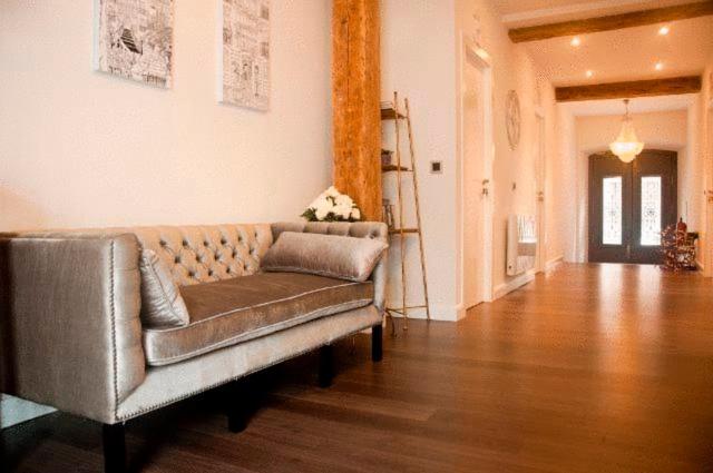 桑坦德秘密花园旅馆的带沙发和木地板的客厅