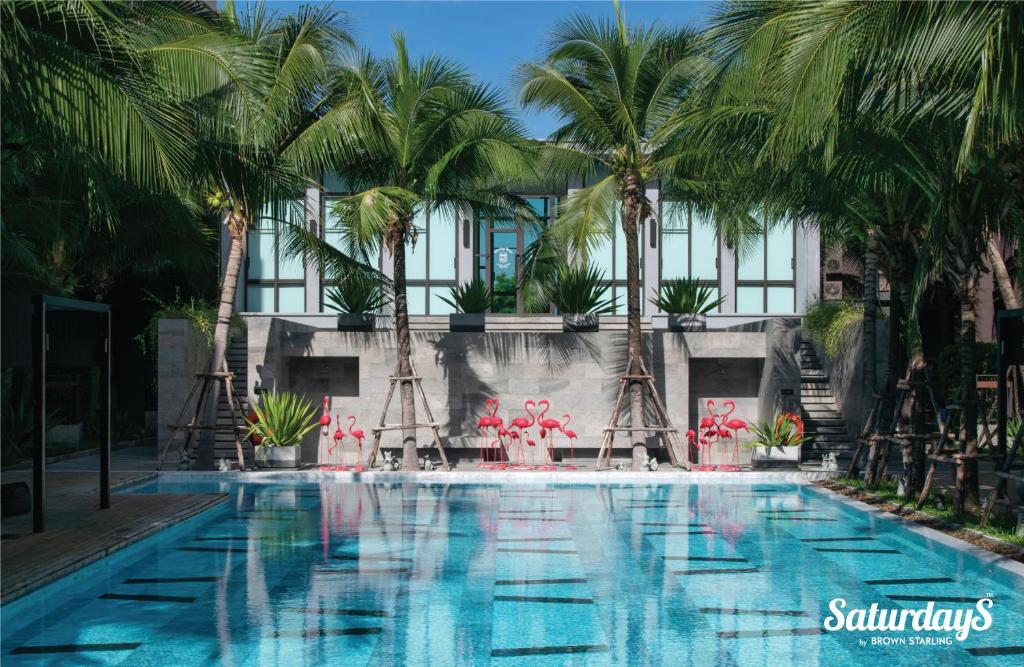 拉威海滩布朗椋鸟周六公寓的一座楼前棕榈树游泳池