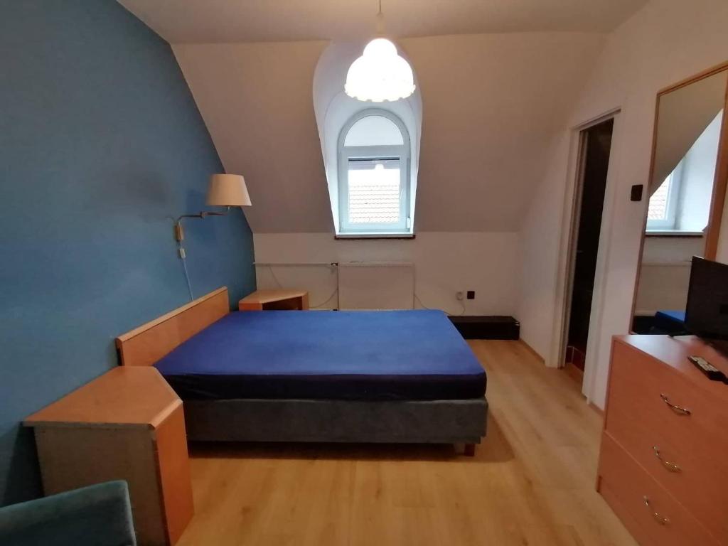 根尼斯迪亚斯Szilvió的一间卧室设有蓝色的床和窗户。