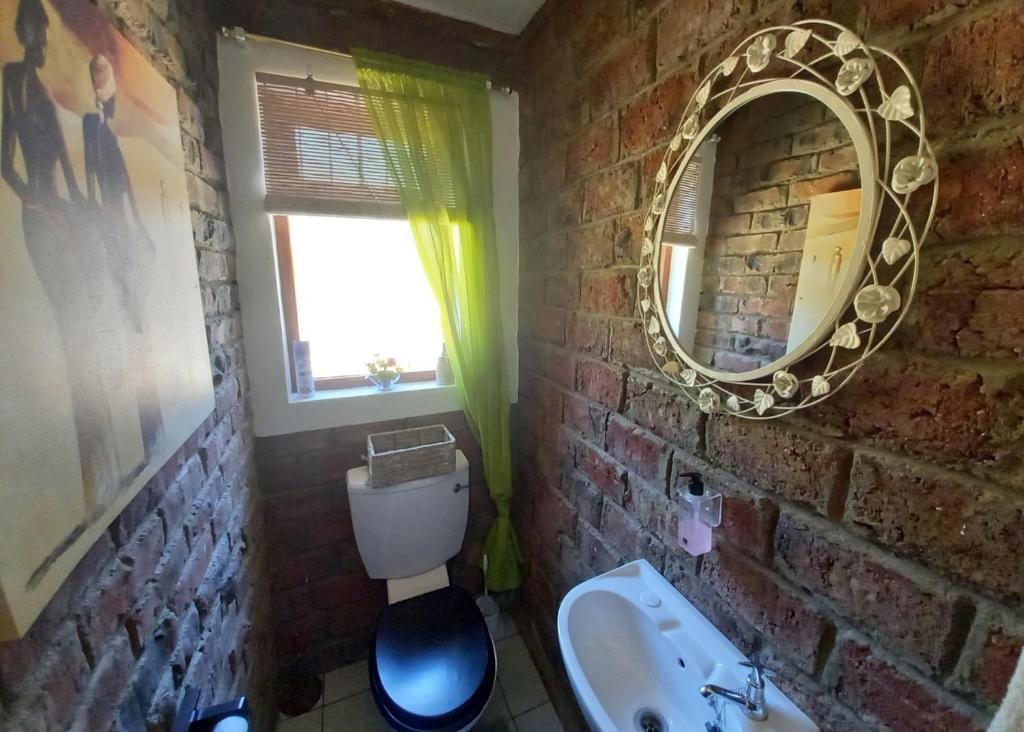 BuffelsdrifEagle Falls Country Lodge & Adventures的砖砌浴室设有水槽和镜子