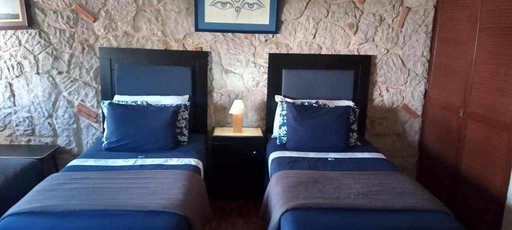 瓜达拉哈拉Habitación amplia cerca de Andares的两张带蓝色枕头的床