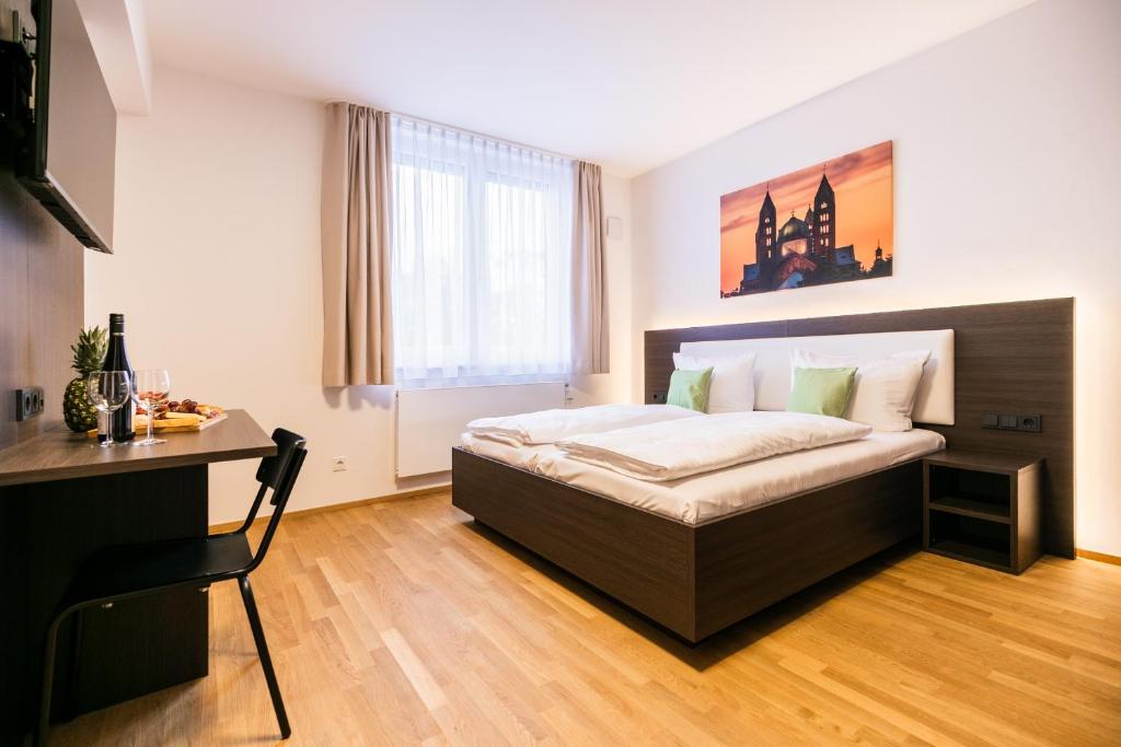 施派尔GuestHouse Speyer的一间卧室配有一张床和一张书桌